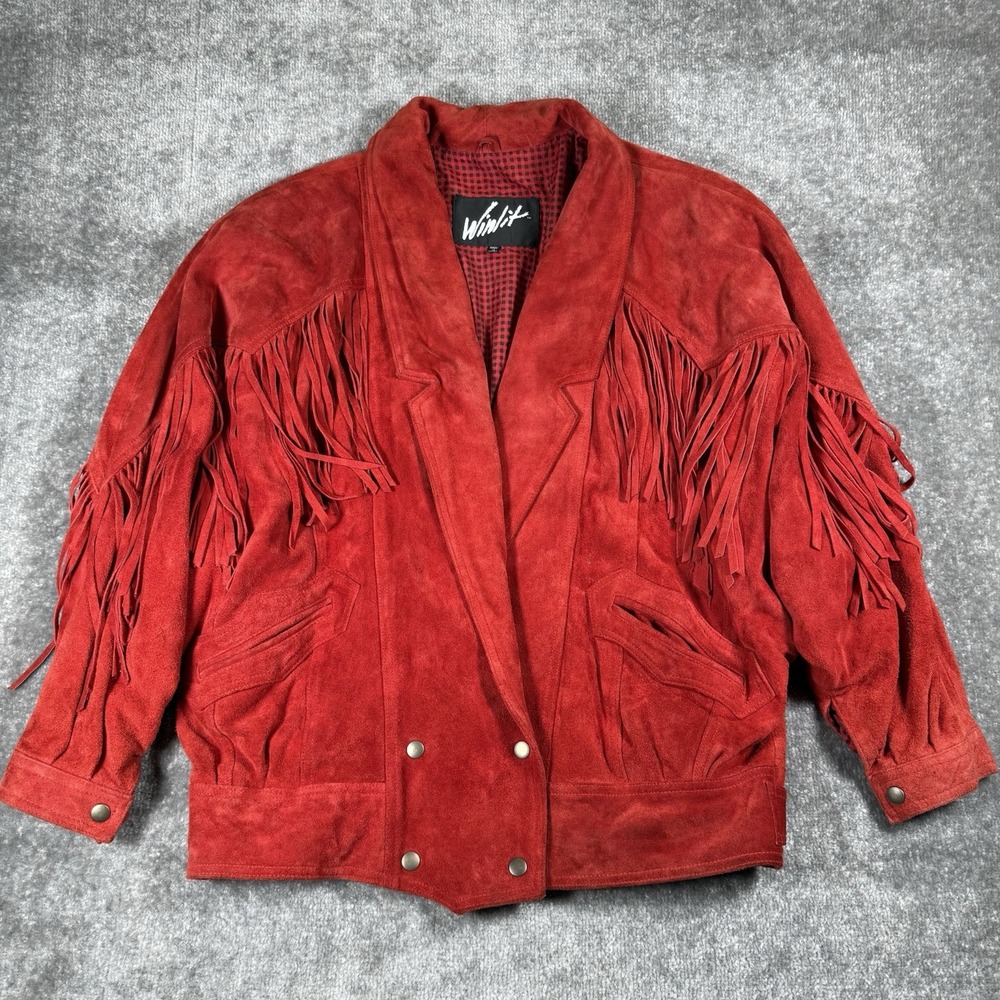 Vintage Winlit Suede Leather Jacket Women's Large Red Fringe Dolman Sleeve